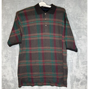 Vintage Dockers Golf Polo Shirt Large Plaid Brown Green 90s Made In Korea